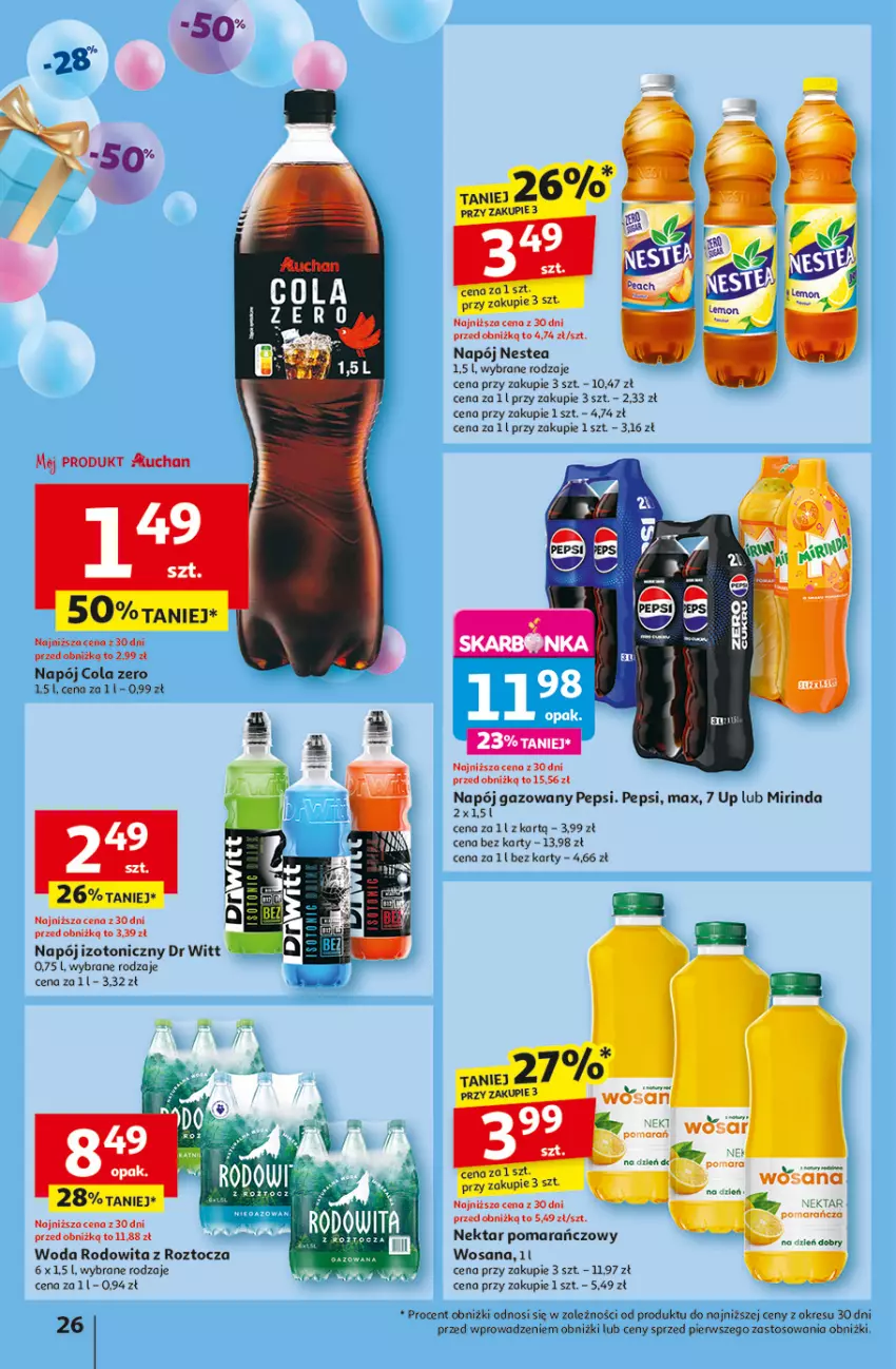 Gazetka promocyjna Auchan - Te URODZINY są NAJ Hipermarket - ważna 24.04 do 29.04.2025 - strona 28 - produkty: Mirinda, Napój, Napój gazowany, Napój izotoniczny, Nektar, Nestea, Pepsi, Woda, Wosana