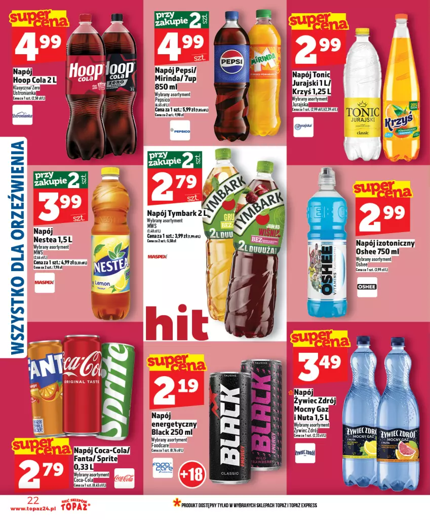 Gazetka promocyjna Topaz - Gazetka - ważna 22.01 do 28.01.2026 - strona 22 - produkty: 7up, Coca-Cola, Fa, Fanta, Hoop, Lack, Mirinda, Napój, Napój izotoniczny, Oshee, Pepsi, Sprite, Top, Tymbark
