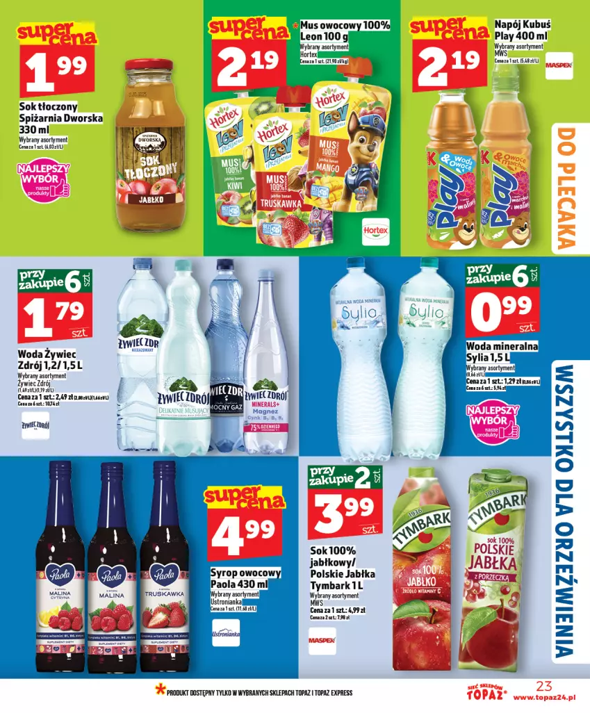 Gazetka promocyjna Topaz - Gazetka - ważna 22.01 do 28.01.2026 - strona 23 - produkty: Jabłka, Kubuś, Mus, Napój, Sok, Top, Tymbark, Woda
