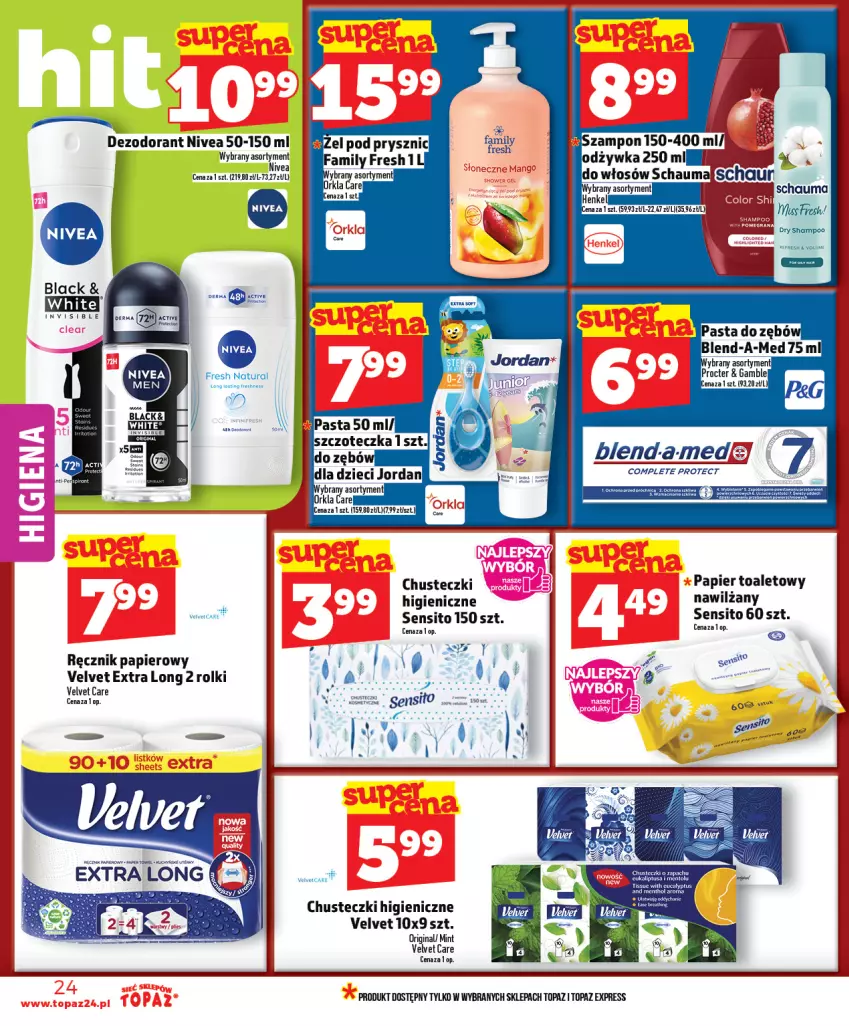 Gazetka promocyjna Topaz - Gazetka - ważna 22.01 do 28.01.2026 - strona 24 - produkty: Chusteczki, Dezodorant, Gin, Kaki, Nivea, Odżywka, Papier, Papier toaletowy, Por, Ręcznik, Rolki, Schauma, Sito, Szampon, Top, Velvet