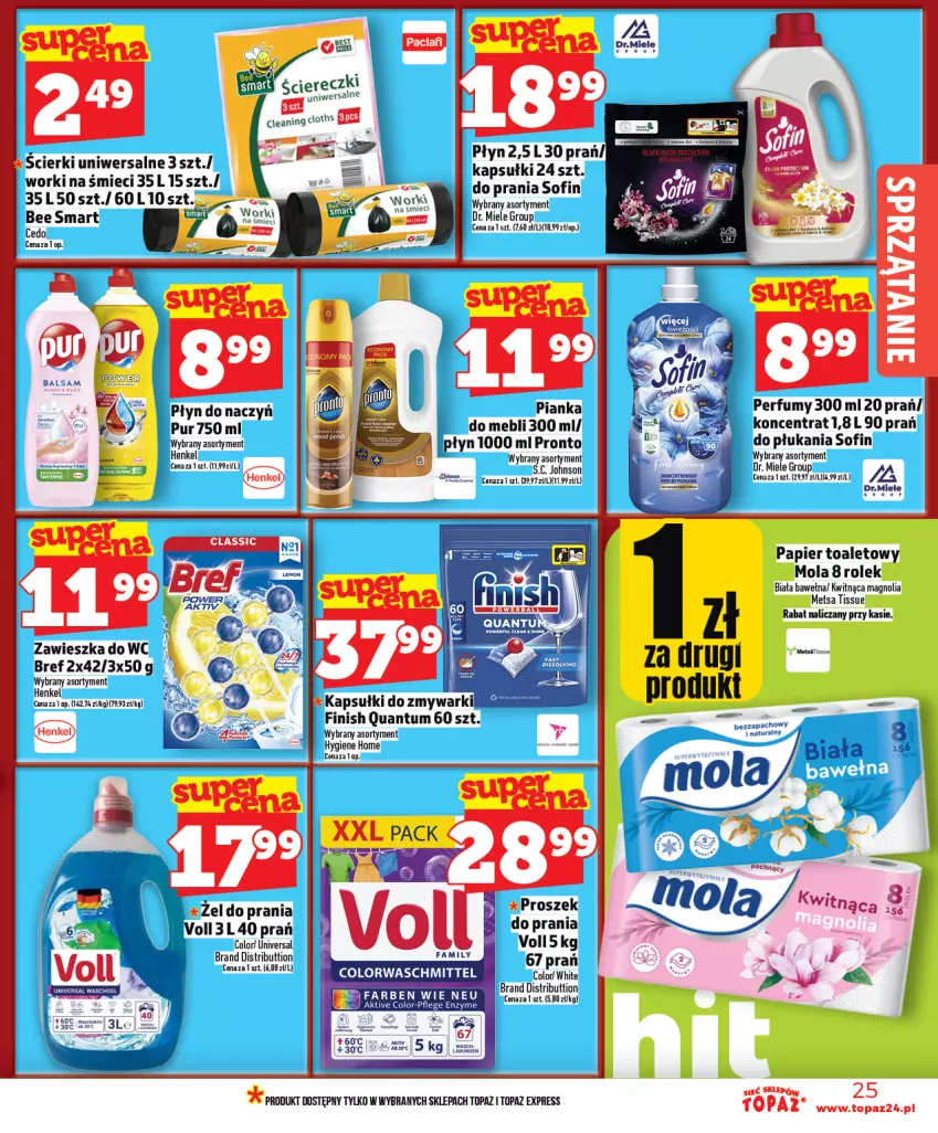 Gazetka promocyjna Topaz - Gazetka - ważna 22.01 do 28.01.2026 - strona 25 - produkty: Bref, Fa, Finish, Mola, Papier, Papier toaletowy, Pronto, Top, Wełna, Worki na śmiec, Worki na śmieci, Zawieszka do wc, Zmywarki