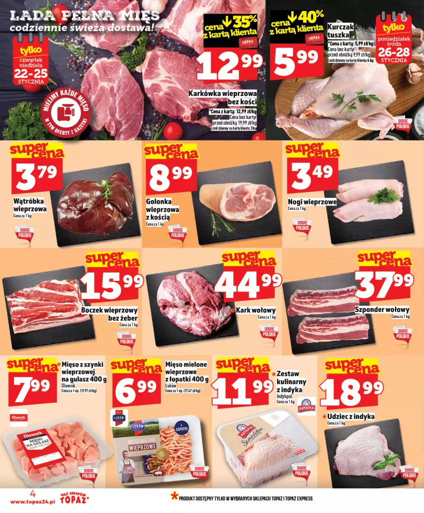 Gazetka promocyjna Topaz - Gazetka - ważna 22.01 do 28.01.2026 - strona 4 - produkty: Boczek, Boczek wieprzowy, Fa, Karkówka wieprzowa, Mięso, Mięso mielone, Olewnik, Top