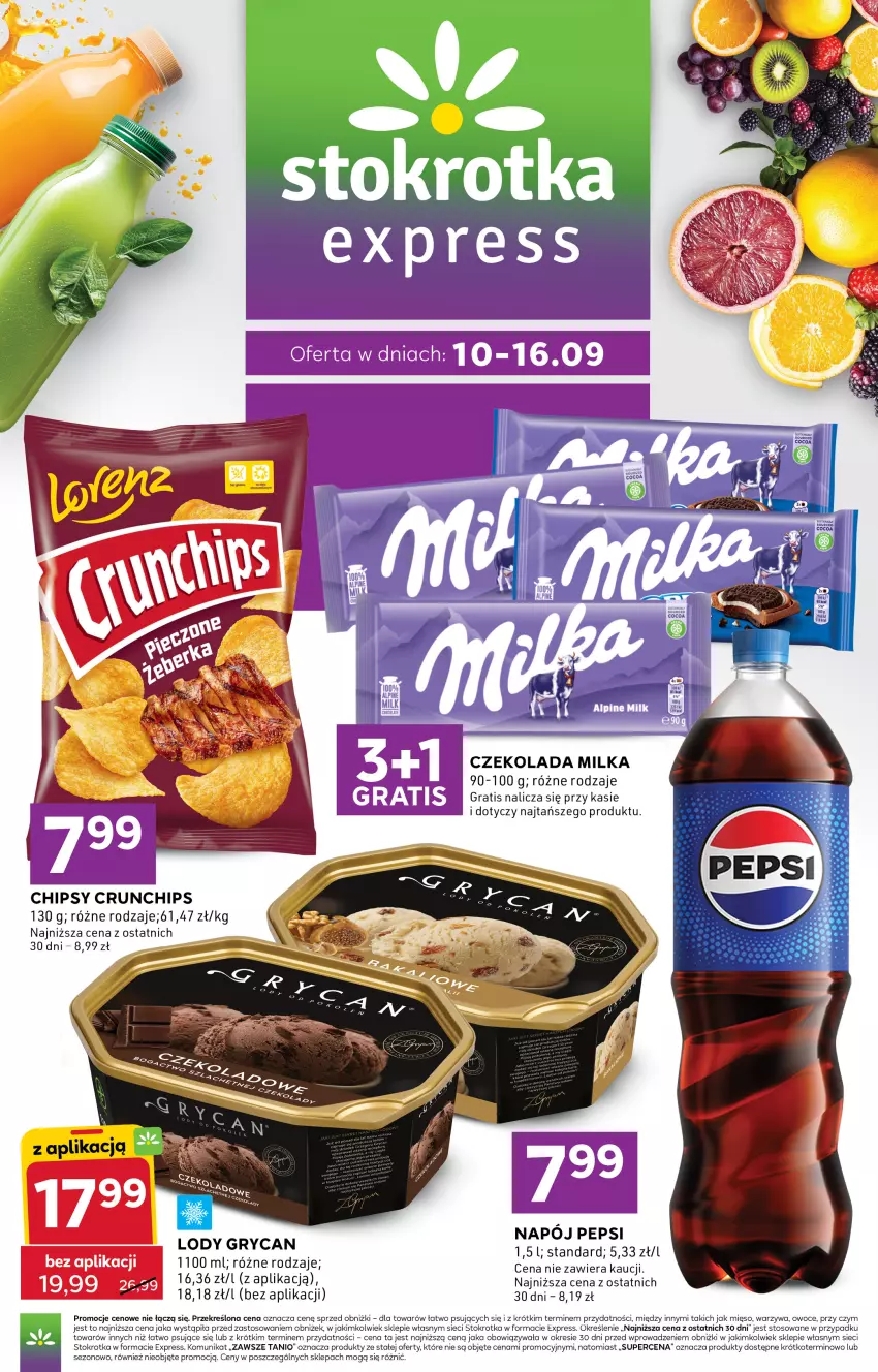 Gazetka promocyjna Stokrotka - Stokrotka Express - ważna 10.09 do 16.09.2026 - strona 1 - produkty: Chipsy, Crunchips, Czekolada, Fa, Gra, Gry, Lody, Mięso, Milka, Owoce, Warzywa
