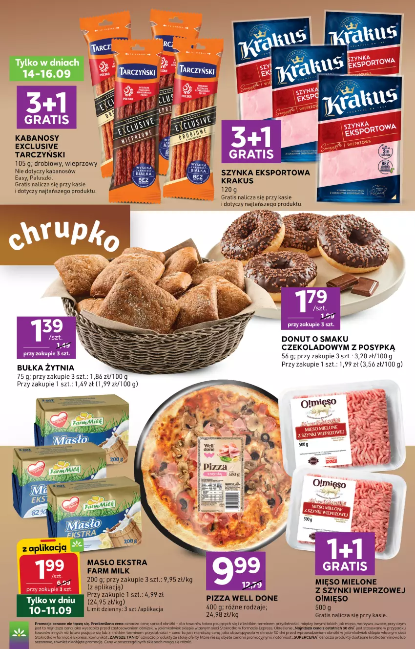 Gazetka promocyjna Stokrotka - Stokrotka Express - ważna 10.09 do 16.09.2026 - strona 3 - produkty: Bułka, Donut, Fa, Farm Milk, Gra, Kabanos, Krakus, Masło, Mięso, Mięso mielone, Mięso mielone z szynki, Owoce, Pizza, Por, Sport, Szynka, Warzywa