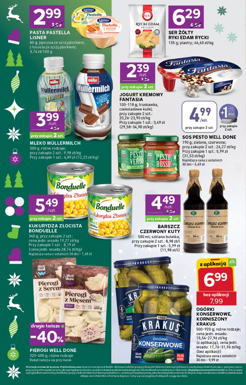 Gazetka promocyjna Stokrotka - Supermarket - ważna 11.12 do 17.12.2025 - strona 4 - produkty: Bonduelle, Edam, Fa, Fanta, Jogurt, Korniszony, Krakus, Kukurydza, LANA, Mięso, Mleko, Ogórki konserwowe, Owoce, Pastella, Pesto, Rycki Edam, Ser, Sos, Warzywa