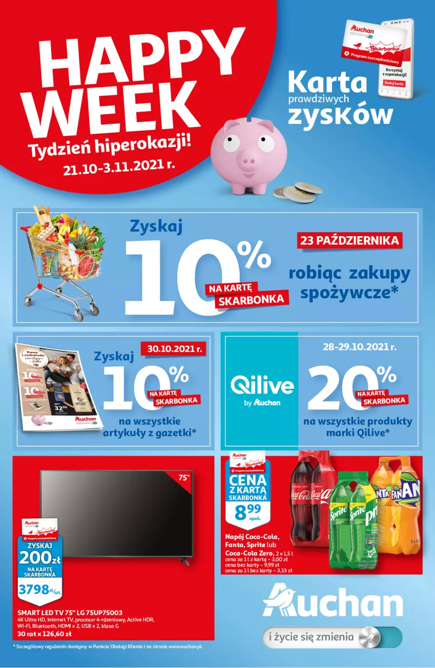 Gazetka promocyjna Auchan - Skarbonka #42 - ważna 21.10 do 03.11.2021 - strona 1 - produkty: Coca-Cola, Fa, Fanta, LED TV, LG, Napój, Procesor, Sprite