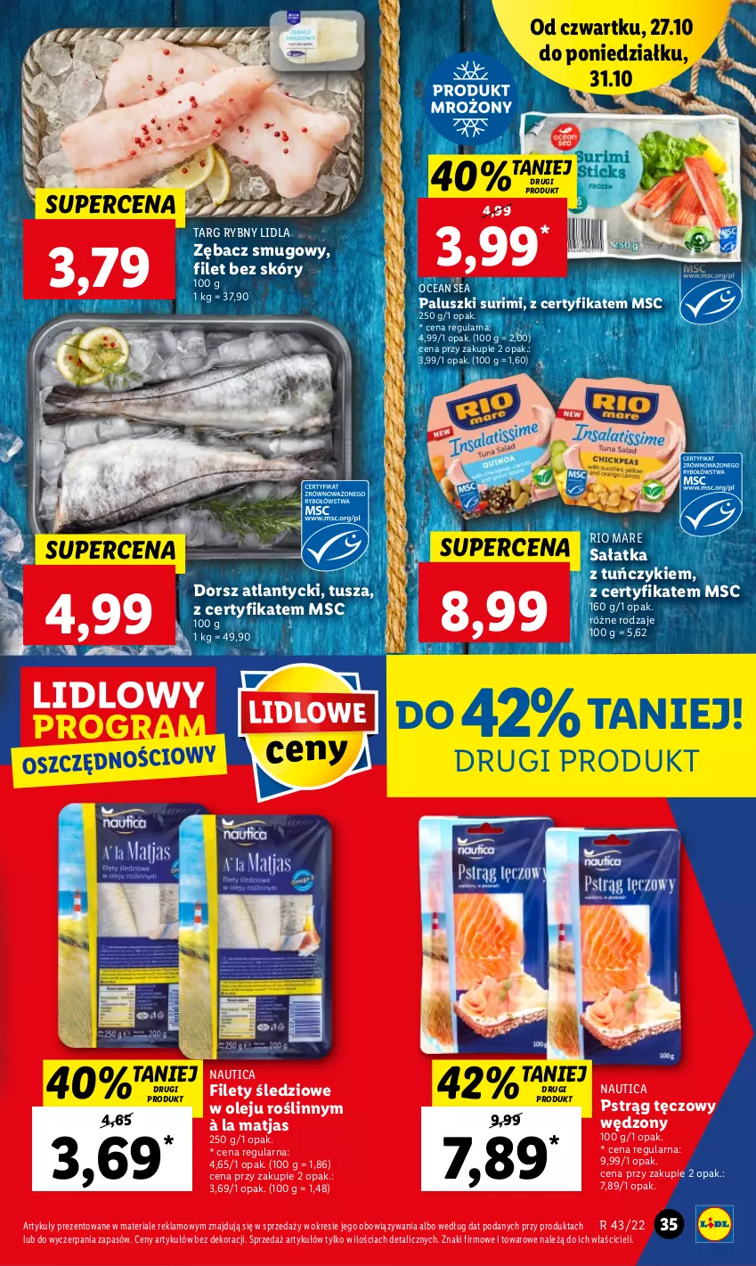 Gazetka promocyjna Lidl - GAZETKA - ważna 27.10 do 31.10.2022 - strona 45 - produkty: Dorsz, Matjas, Olej, Pstrąg, Pstrąg tęczowy, Rio Mare, Sałat, Sałatka, Surimi, Tuńczyk, Tusz