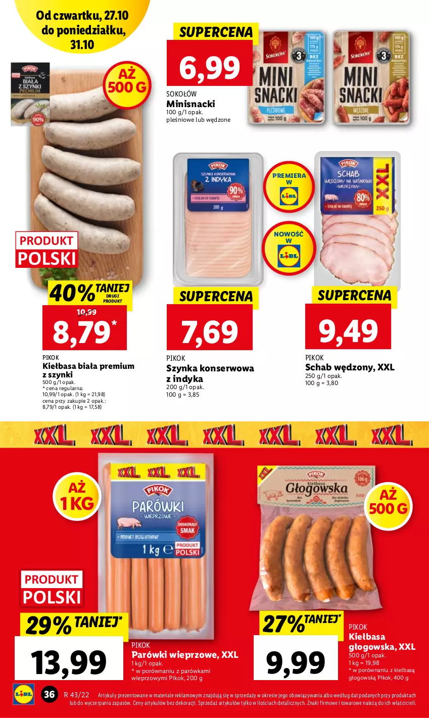 Gazetka promocyjna Lidl - GAZETKA - ważna 27.10 do 31.10.2022 - strona 46 - produkty: Kiełbasa, Kiełbasa biała, Kiełbasa głogowska, Parówki, PIKOK, Por, Ser, Sok, Sokołów, Szynka, Szynka konserwowa