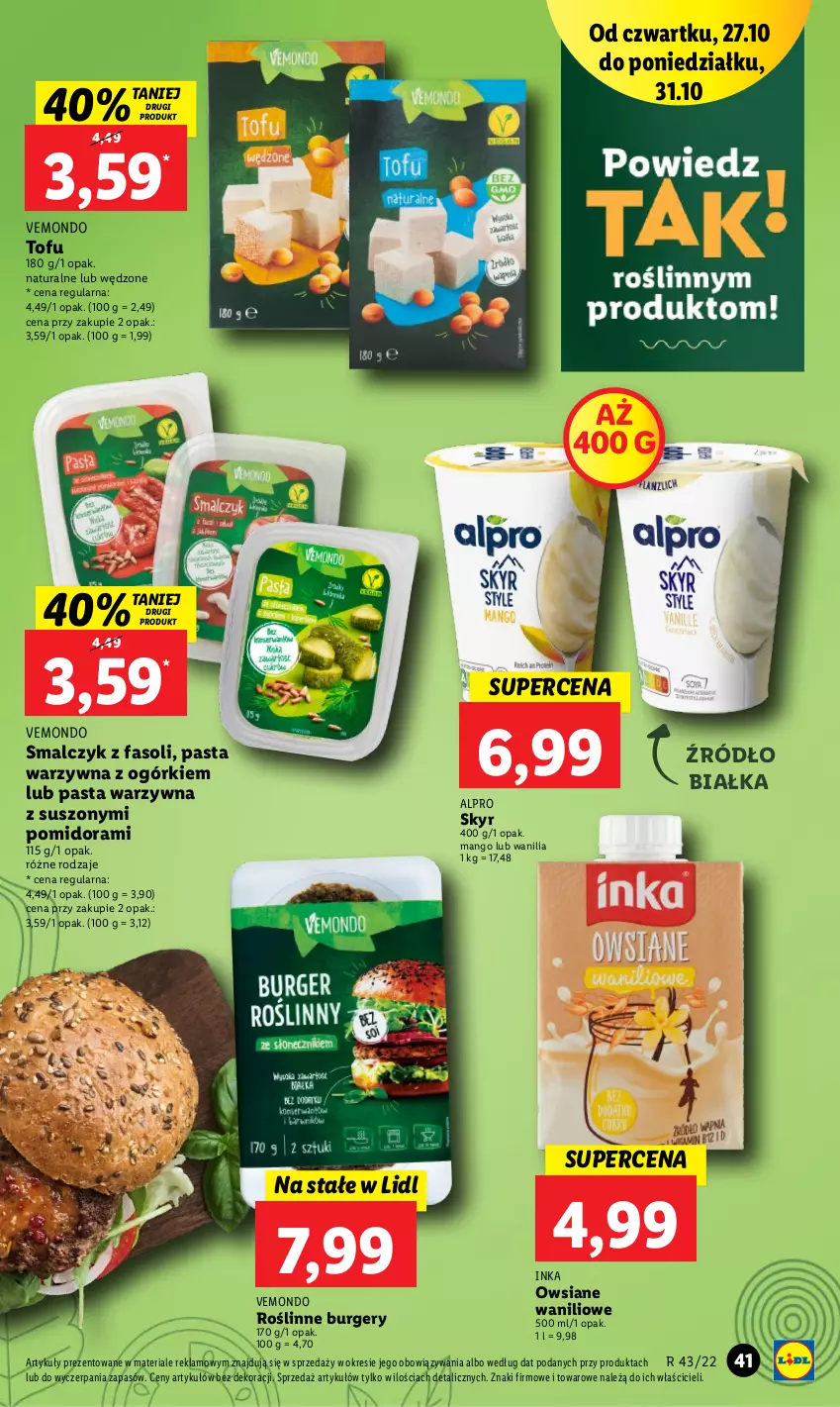 Gazetka promocyjna Lidl - GAZETKA - ważna 27.10 do 31.10.2022 - strona 51 - produkty: Alpro, Burger, Fa, Inka, Mango, Pasta warzywna, Tofu