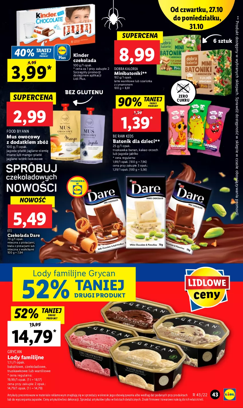 Gazetka promocyjna Lidl - GAZETKA - ważna 27.10 do 31.10.2022 - strona 53 - produkty: Baton, Czekolada, Dzieci, Fa, Gry, Kakao, Kinder, Kokos, Lody, Mango, Mus, Szarlotka, Tonik, Wiórki kokosowe