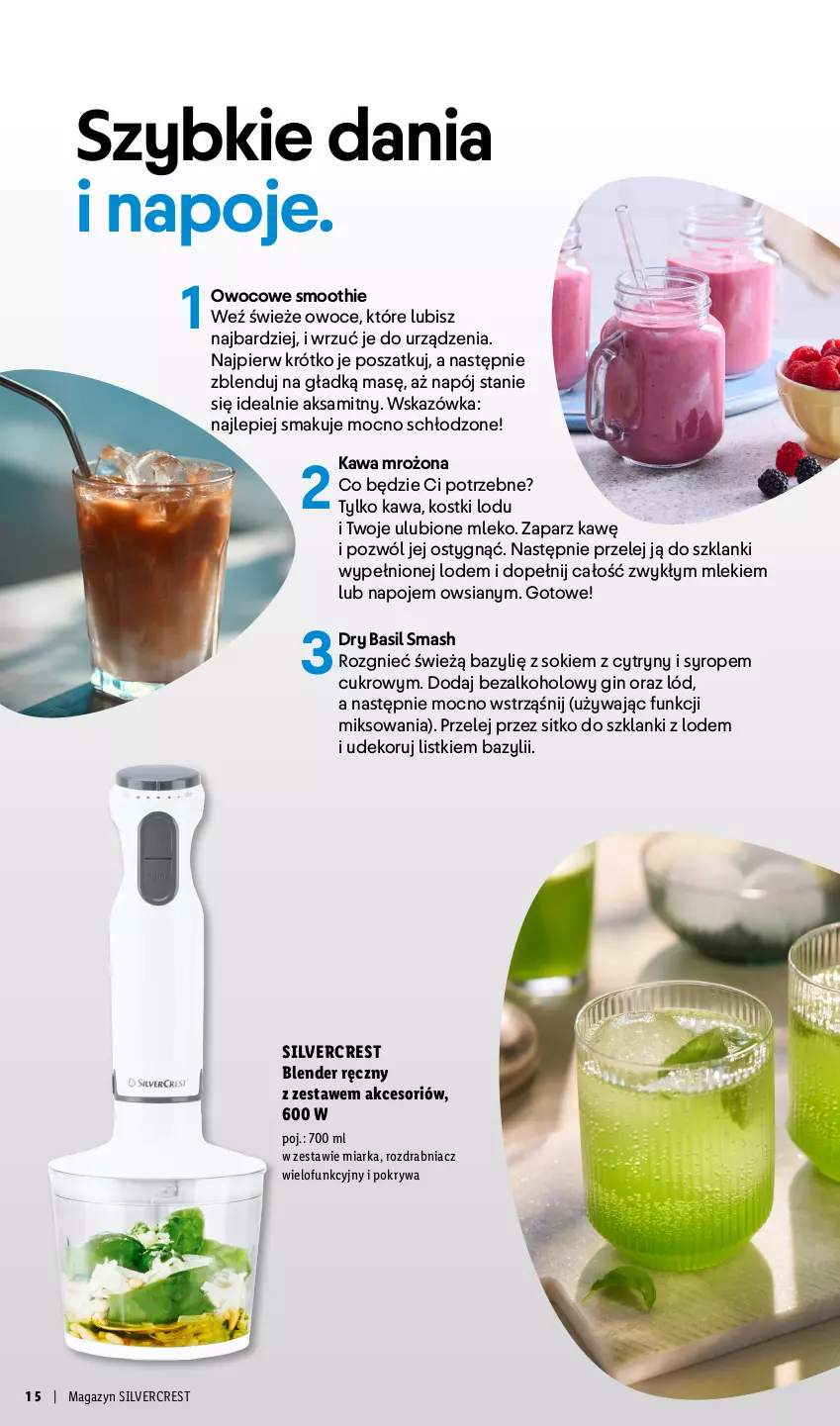Gazetka promocyjna Lidl - Silvercrest - ważna 29.03 do 09.05.2026 - strona 15 - produkty: Aksam, Bazyl, Blender, Blender ręczny, Cytryny, Gin, Kawa, Lanki, Miarka, Mleko, Napój, Napoje, Owoce, Pokrywa, Rozdrabniacz, Silvercrest, Sitko, Smoothie, Sok, Syrop