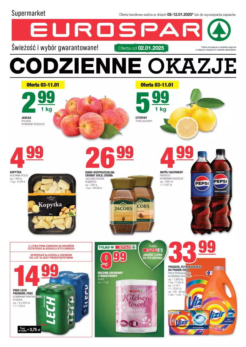 Gazetka promocyjna Spar - EuroSpar - ważna 01.01 do 11.01.2025 - strona 1 - produkty: Cytryny, Jabłka, Jacobs, Kawa, Kawa rozpuszczalna, Kopytka, Kuchnia, Pepsi, Piwo, Ręcznik, Ręcznik kuchenny, Vizir