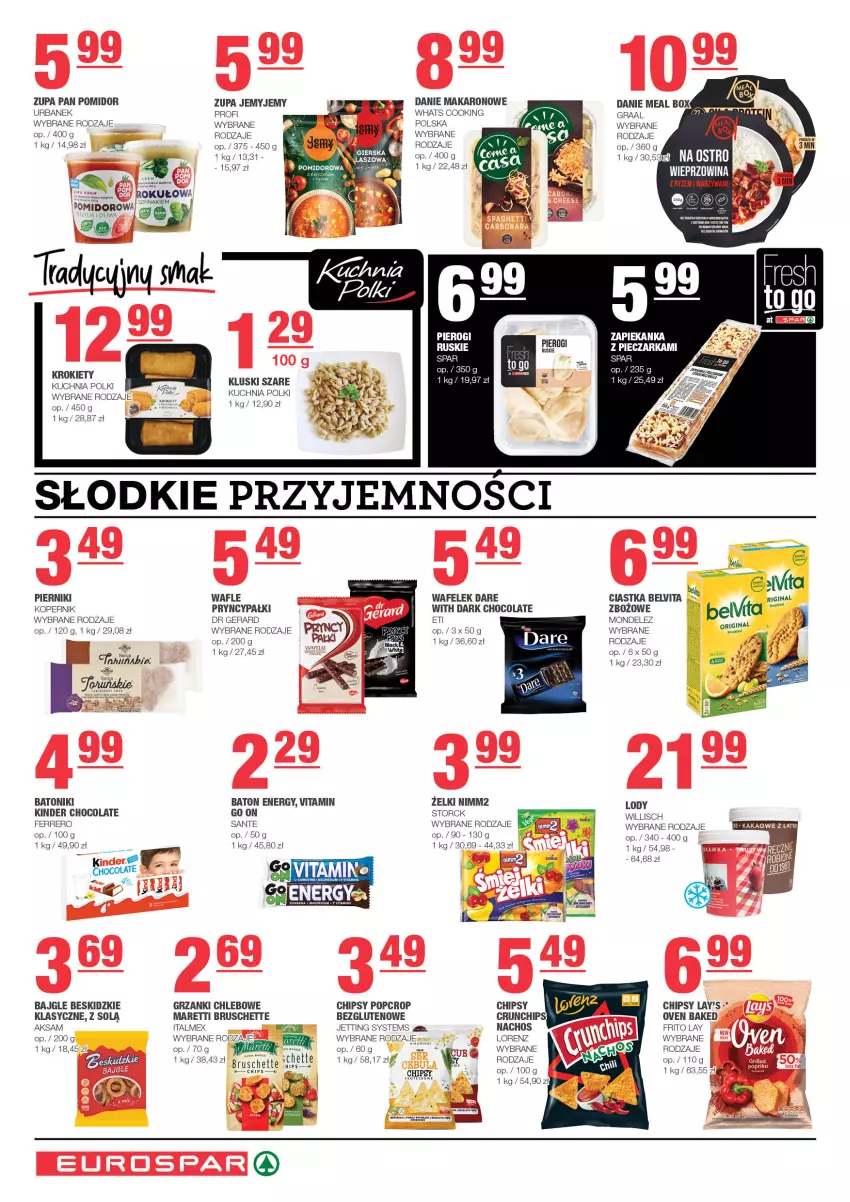 Gazetka promocyjna Spar - EuroSpar - ważna 01.01 do 11.01.2025 - strona 6 - produkty: Aksam, Bajgle, Baton, BelVita, Beskidzki, Bruschette, Chipsy, Chleb, Ciastka, Dr Gerard, Ferrero, Gin, Gra, Graal, Kakao, Kinder, Krokiety, Kuchnia, Lody, Lorenz, Makaron, Nimm2, Oliwa, Piec, Pieczarka, Piernik, Pierogi, Sante, Szpinak, Tonik, Wafelek, Wafle, Zupa