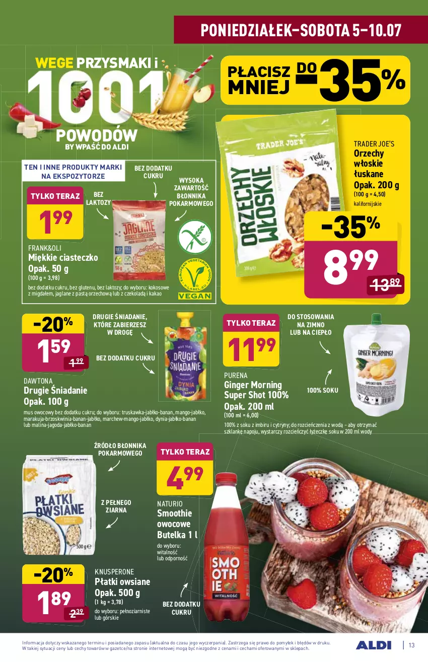 Gazetka promocyjna Aldi - ważna 05.07 do 10.07.2021 - strona 13 - produkty: Cień, Cytryny, Dawtona, Gin, Imbir, Kakao, Kokos, Mango, Mus, Orzechy włoskie, Płatki owsiane, Por, Przysmaki, Pur, Smoothie, Sok, Tera