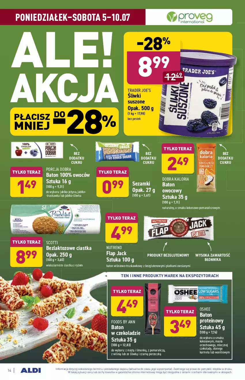 Gazetka promocyjna Aldi - ważna 05.07 do 10.07.2021 - strona 14 - produkty: Baton, Ciastka, Kokos, Oshee, Por, Proteinowy sztuka, Ryż, Sezam, Sok, Stek, Tera