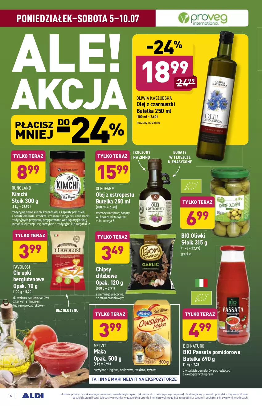 Gazetka promocyjna Aldi - ważna 05.07 do 10.07.2021 - strona 16 - produkty: Chipsy, Chleb, Chrupki, Fa, Gin, Imbir, LANA, Mąka, Melvit, Olej, Olej z czarnuszki, Oleo, Oleofarm, Oliwki, Ostropes, Piec, Runoland, Ryż, Ser, Tera