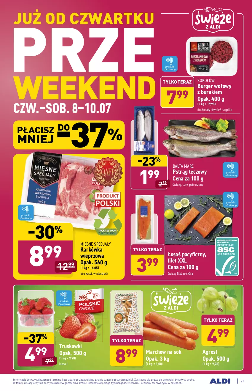 Gazetka promocyjna Aldi - ważna 05.07 do 10.07.2021 - strona 21 - produkty: Balta Mare, Buraki, Burger, Gres, Grill, Karkówka wieprzowa, Mięsne specjały, Pstrąg, Pstrąg tęczowy, Sok, Sokołów, Tera, Truskawki