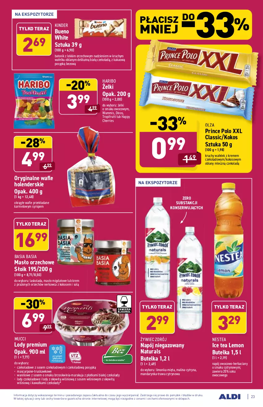 Gazetka promocyjna Aldi - ważna 05.07 do 10.07.2021 - strona 23 - produkty: Basia, Baton, Gin, Haribo, Ice tea, Kakao, Kawa, Kinder, Kinder Bueno, Kokos, Limonka, Lody, Mascarpone, Masło, Masło orzechowe, Mięta, Napój, Napój niegazowany, Nestea, Prince Polo, Ser, Sok, Sos, Syrop, Tera, Tonik, Wafelek, Wafle