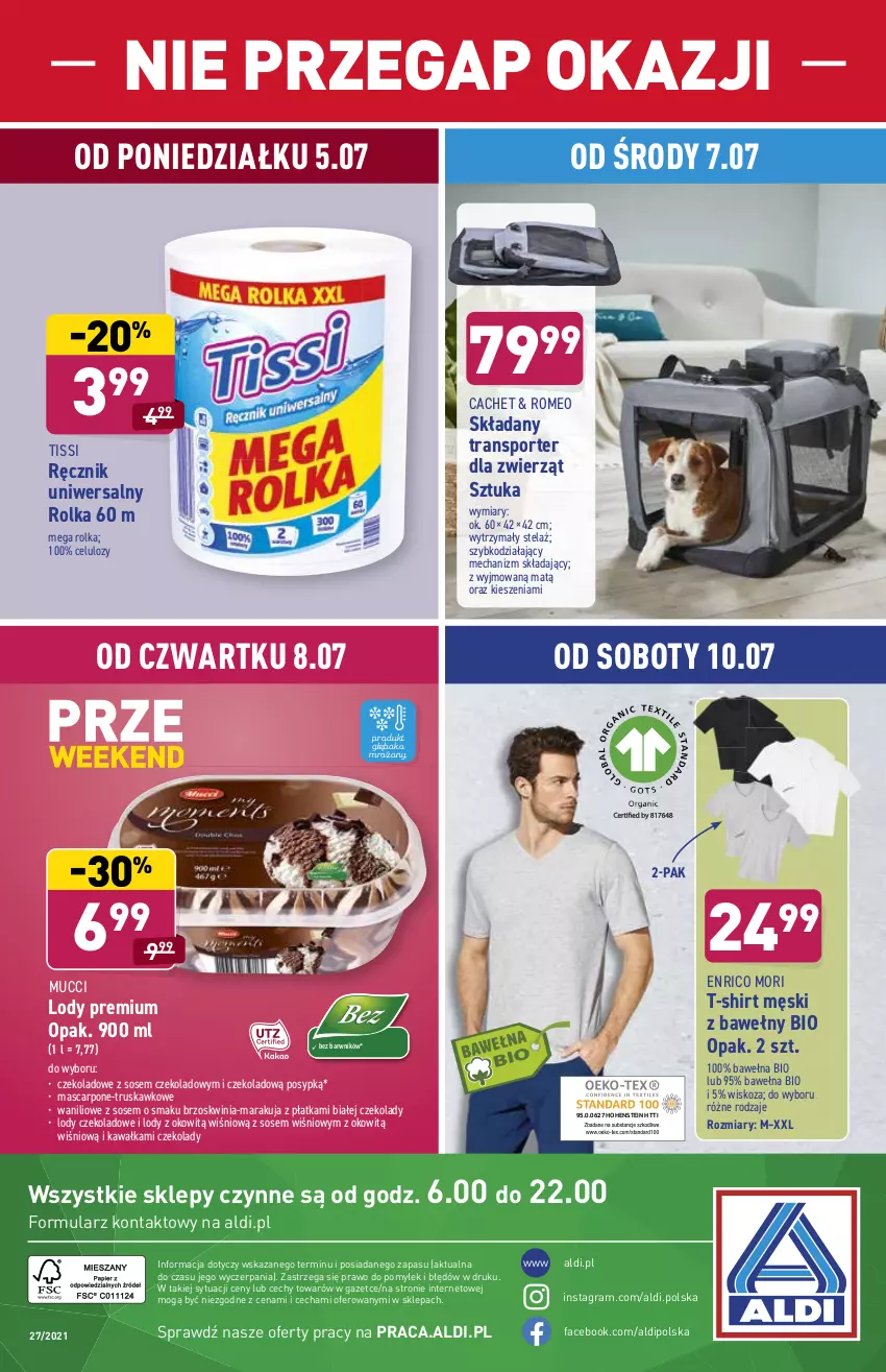 Gazetka promocyjna Aldi - ważna 05.07 do 10.07.2021 - strona 36 - produkty: Fa, Gra, Kawa, Lody, Mascarpone, Por, Ręcznik, Sos, Sport, T-shirt, Tran, Transporter dla zwierząt, Wełna