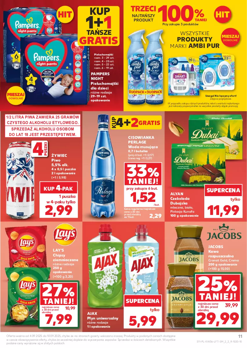 Gazetka promocyjna Kaufland - Gazetka tygodnia - ważna 04.09 do 10.09.2025 - strona 11 - produkty: Ajax, Ambi Pur, Chipsy, Cisowianka, Czekolada, Dzieci, Fa, Gra, Jacobs, Kawa, Kawa rozpuszczalna, Lay’s, Majtki, Mus, Pampers, Pieluchomajtki, Piwa, Piwo, Por, Pur, Waga, Woda