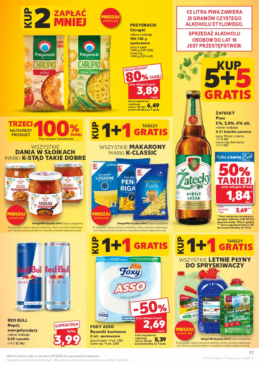 Gazetka promocyjna Kaufland - Gazetka tygodnia - ważna 04.09 do 10.09.2025 - strona 17 - produkty: Chrupki, Foxy, Gra, Makaron, Napój, Piwa, Piwo, Por, Przysnacki, Ręcznik, Red Bull, Waga