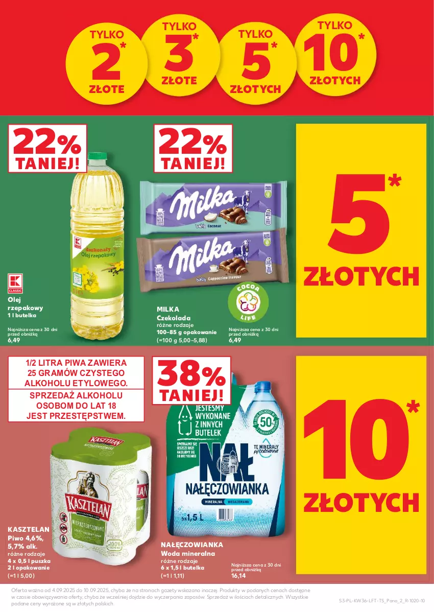 Gazetka promocyjna Kaufland - Gazetka tygodnia - ważna 04.09 do 10.09.2025 - strona 3 - produkty: Czekolada, Gra, Kasztelan, Milka, Nałęczowianka, Olej, Olej rzepakowy, Piwa, Piwo, Woda, Woda mineralna