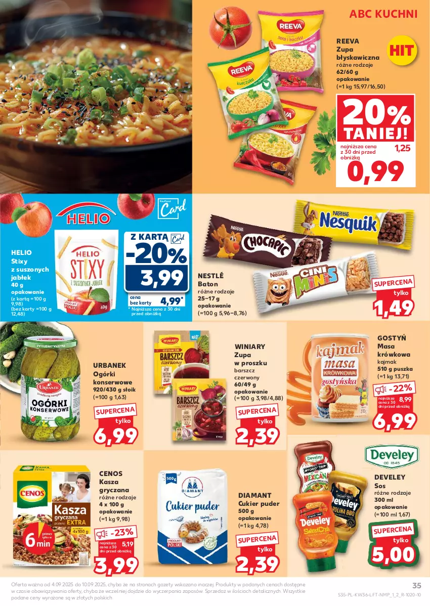 Gazetka promocyjna Kaufland - Gazetka tygodnia - ważna 04.09 do 10.09.2025 - strona 35 - produkty: Baton, Cenos, Cukier, Cukier puder, Diamant, Gry, Helio, Kasza, Kasza gryczana, Masa krówkowa, Nestlé, Ogórki konserwowe, Puder, Ser, Sos, Winiary, Zupa