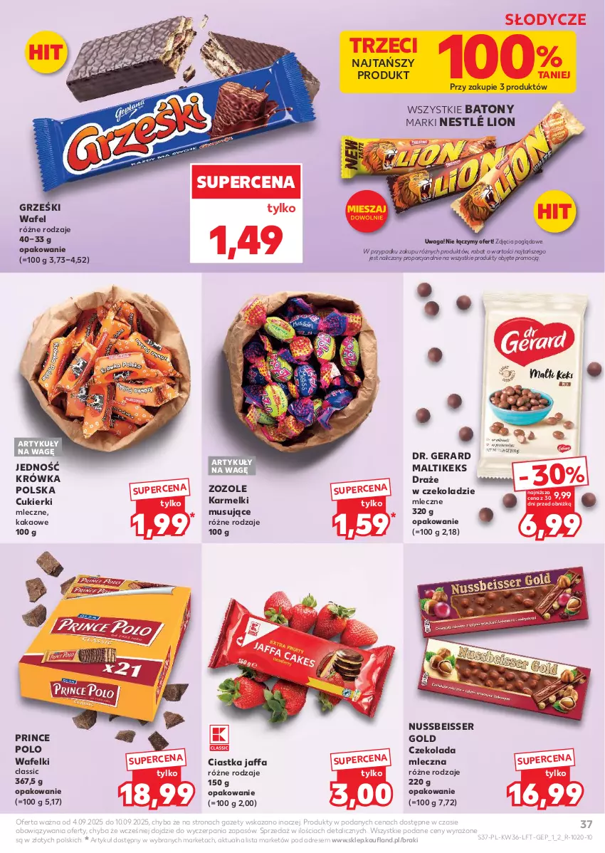 Gazetka promocyjna Kaufland - Gazetka tygodnia - ważna 04.09 do 10.09.2025 - strona 37 - produkty: Baton, Ciastka, Cukier, Cukierki, Czekolada, Czekolada mleczna, Dres, Fa, Grześki, Kakao, Lion, Mus, Nestlé, Por, Prince Polo, Ser, Waga