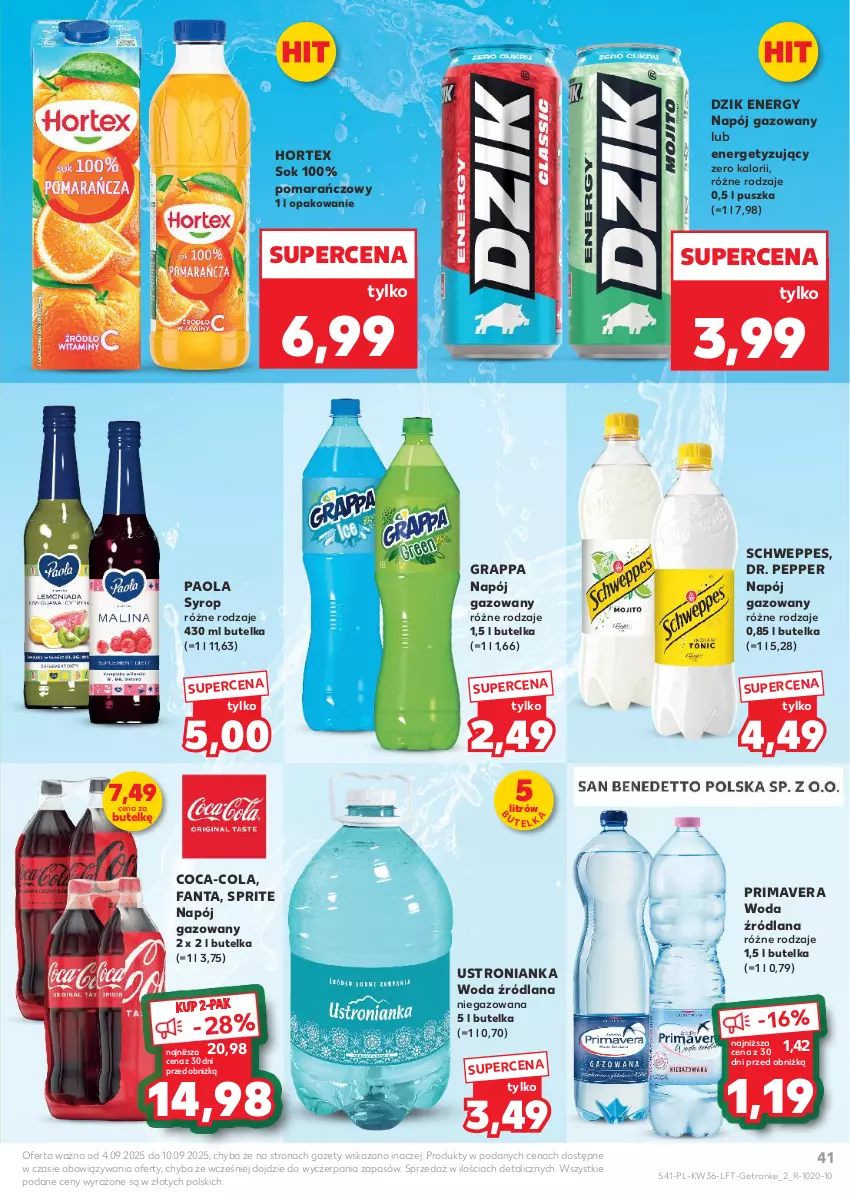 Gazetka promocyjna Kaufland - Gazetka tygodnia - ważna 04.09 do 10.09.2025 - strona 41 - produkty: Coca-Cola, Fa, Fanta, Gra, Grappa, Hortex, LANA, Napój, Napój gazowany, Paola, Prima, Primavera, Schweppes, Sok, Sprite, Syrop, Tran, Woda