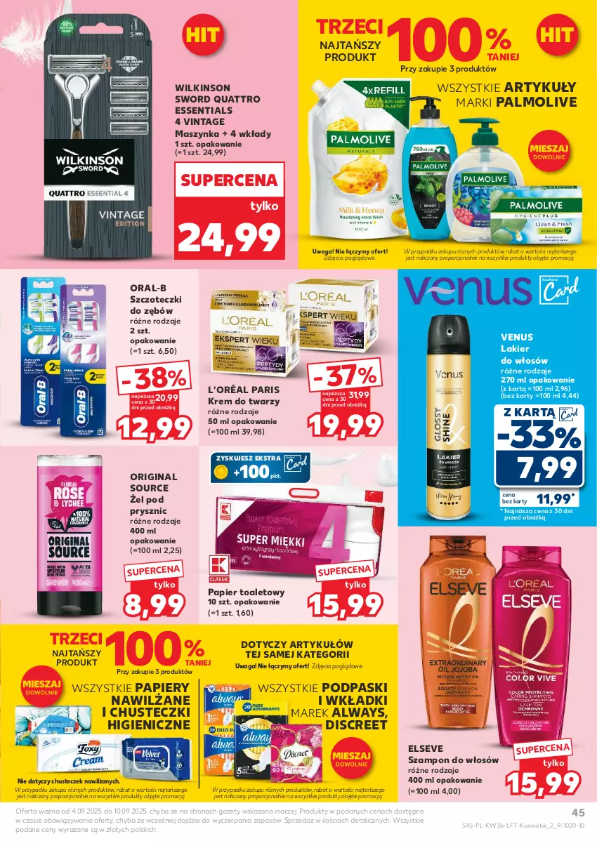 Gazetka promocyjna Kaufland - Gazetka tygodnia - ważna 04.09 do 10.09.2025 - strona 45 - produkty: Always, Chusteczki, Discreet, Elseve, Gin, Krem do twarzy, L’Oréal, Lakier, Lakier do włosów, Maszynka, Palmolive, Papier, Papier toaletowy, Podpaski, Por, Szampon, Szynka, Venus, Waga, Wilkinson Sword, Wkładki