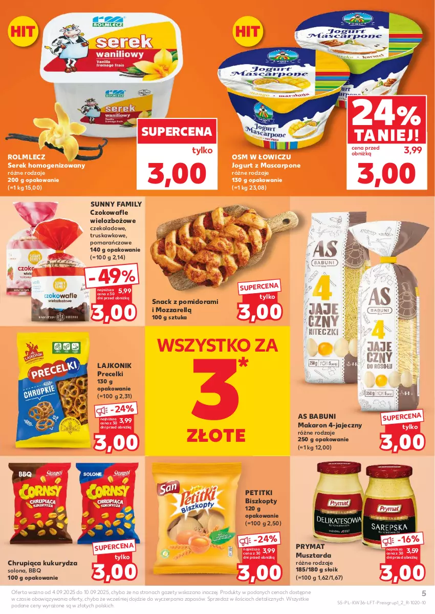 Gazetka promocyjna Kaufland - Gazetka tygodnia - ważna 04.09 do 10.09.2025 - strona 5 - produkty: Babuni, Biszkopty, Fa, Jogurt, Kukurydza, Lajkonik, Makaron, Mascarpone, Mus, Musztarda, Precelki, Prymat, Rolmlecz, Ser, Serek, Serek homogenizowany, Wafle