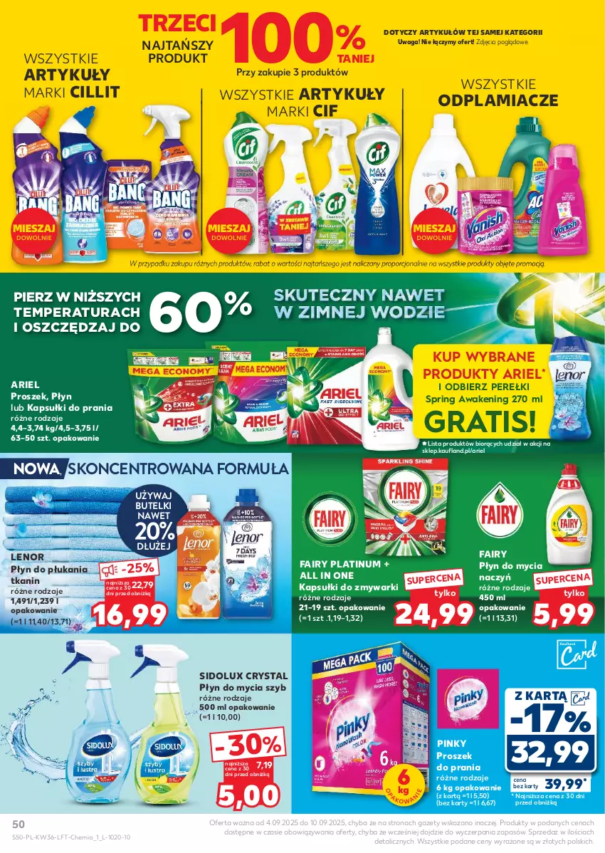 Gazetka promocyjna Kaufland - Gazetka tygodnia - ważna 04.09 do 10.09.2025 - strona 50 - produkty: Ariel, Cif, Do mycia naczyń, Fa, Fairy, Gra, Kapsułki do prania, Lenor, Odplamiacz, Płyn do mycia, Płyn do mycia naczyń, Płyn do płukania, Por, Proszek do prania, Sidolux, Waga, Zmywarki