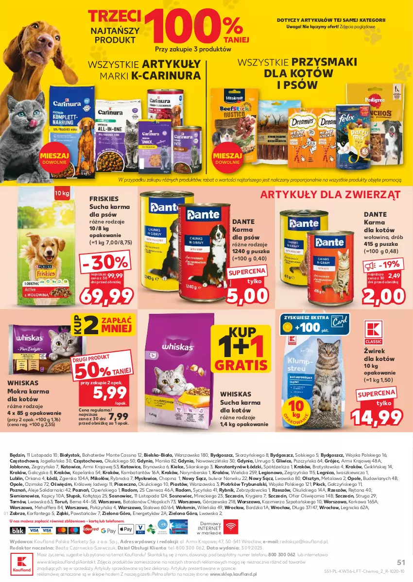 Gazetka promocyjna Kaufland - Gazetka tygodnia - ważna 04.09 do 10.09.2025 - strona 51 - produkty: Dres, Drób, Fa, Friskies, Gra, Lion, Mokra karma, Monte, O nas, Orka, Piast, Por, Przysmaki, Sos, Sucha karma, Telefon, Top, Waga, Whiskas, Wołowina