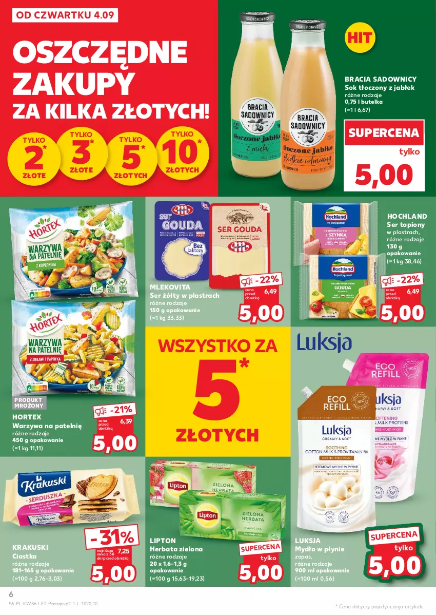 Gazetka promocyjna Kaufland - Gazetka tygodnia - ważna 04.09 do 10.09.2025 - strona 6 - produkty: Ciastka, Herbata, Hochland, Hortex, Krakus, Krakuski, Lipton, Luksja, Mleko, Mlekovita, Mydło, Mydło w płynie, Ser, Ser topiony, Sok, Top, Warzywa