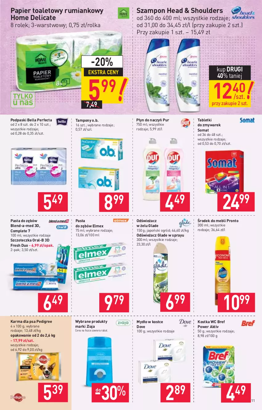 Gazetka promocyjna Stokrotka - Market - ważna 15.04 do 21.04.2021 - strona 11 - produkty: Bell, Bella, Blend-a-Med, Bref, Dove, Elmex, Mydło, O.B., Ogród, Papier, Papier toaletowy, Pasta do zębów, Pedigree, Perfecta, Podpaski, Pronto, Pur, Rum, Somat, Szampon, Szczoteczka, Tablet, Tampony, Ziaja