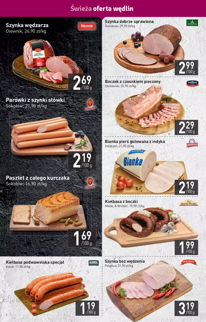 Gazetka promocyjna Stokrotka - Market - ważna 15.04 do 21.04.2021 - strona 2 - produkty: Bianka, Boczek, HP, Kiełbasa, Kiełbasa podwawelska, Kurczak, Olewnik, Parówki, Parówki z szynki, Pasztet, Piec, Sok, Sokołów, Szynka, Wawel