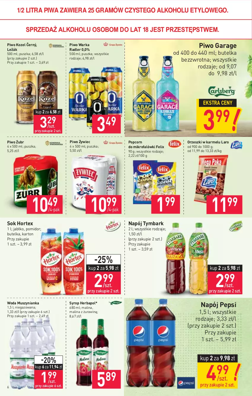 Gazetka promocyjna Stokrotka - Market - ważna 15.04 do 21.04.2021 - strona 6 - produkty: Fa, Felix, Gra, Herbapol, Hortex, Kozel, Mus, Muszynianka, Napój, Orzeszki, Pepsi, Piwa, Piwo, Popcorn, Radler, Sok, Syrop, Tymbark, Warka, Woda