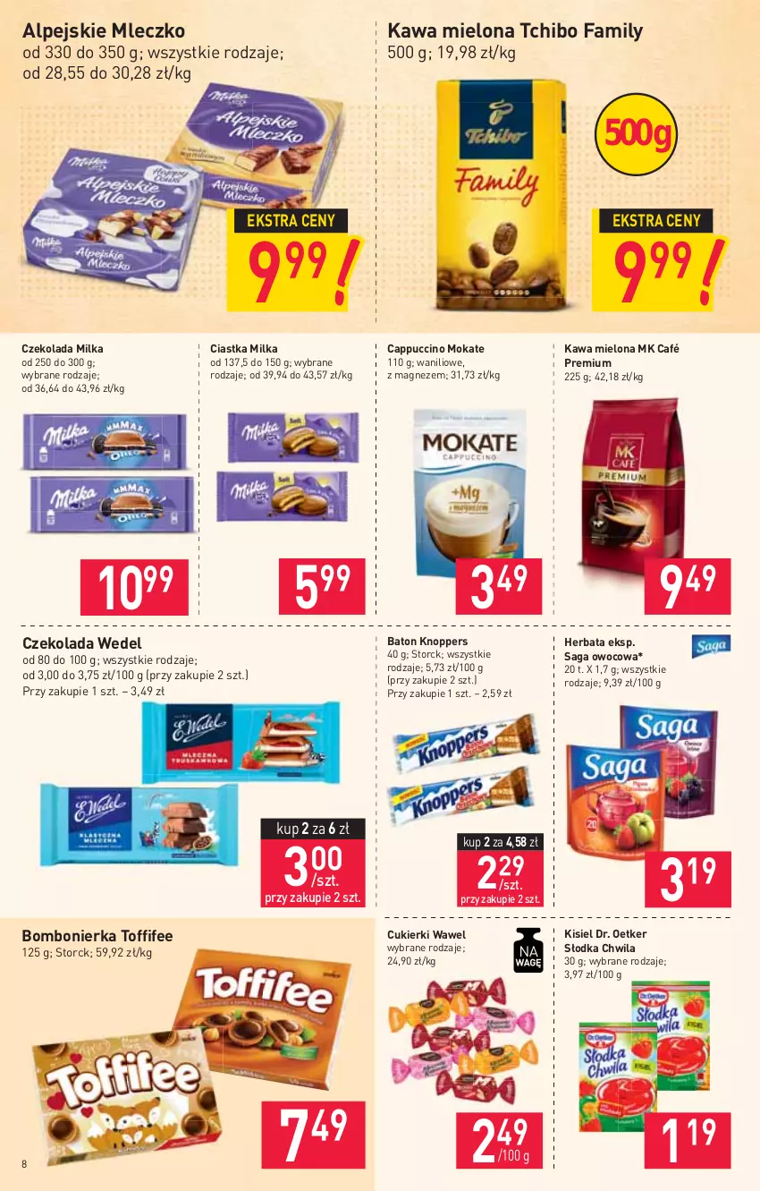 Gazetka promocyjna Stokrotka - Market - ważna 15.04 do 21.04.2021 - strona 8 - produkty: Baton, Cappuccino, Ciastka, Cukier, Cukierki, Czekolada, Dr. Oetker, Fa, Herbata, Kawa, Kawa mielona, Kisiel, Knoppers, Magnez, Milka, Mleczko, Saga, Słodka Chwila, Tchibo, Tchibo Family, Toffifee, Wawel