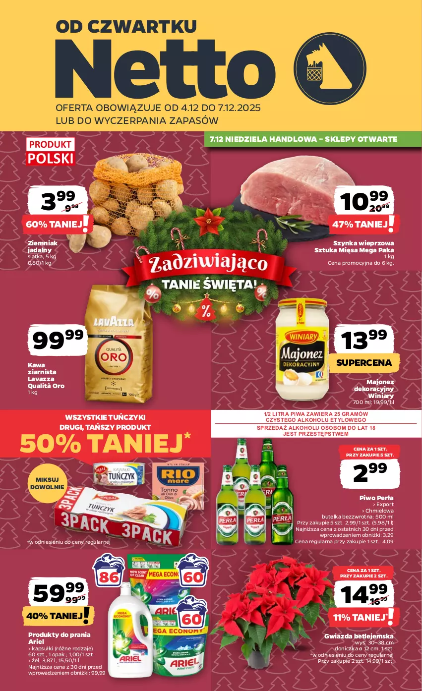 Gazetka promocyjna Netto - Od Czwartku - ważna 04.12 do 07.12.2025 - strona 1 - produkty: Ariel, Gra, Gwiazda, Kawa, Kawa ziarnista, Lavazza, Majonez, Perła, Piwa, Piwo, Por, Siatka, Szynka, Szynka wieprzowa, Tuńczyk, Winiary