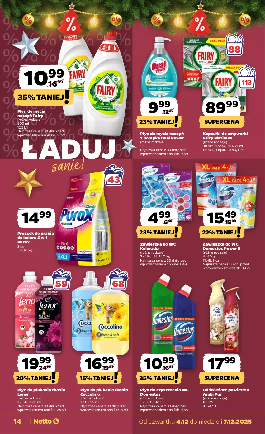 Gazetka promocyjna Netto - Od Czwartku - ważna 04.12 do 07.12.2025 - strona 14 - produkty: Ambi Pur, Coccolino, Do mycia naczyń, Domestos, Fa, Fairy, Kolorado, Lenor, Odświeżacz powietrza, Płyn do czyszczenia wc, Płyn do mycia, Płyn do mycia naczyń, Płyn do płukania, Proszek do prania, Pur, Zawieszka do wc, Zmywarki