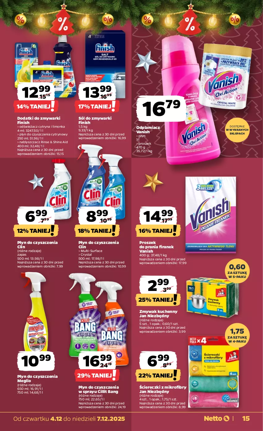 Gazetka promocyjna Netto - Od Czwartku - ważna 04.12 do 07.12.2025 - strona 15 - produkty: Cillit Bang, Clin, Fa, Finish, Jan Niezbędny, Limonka, Odplamiacz, Proszek do prania, Sól, Surf, Vanish, Zmywarki