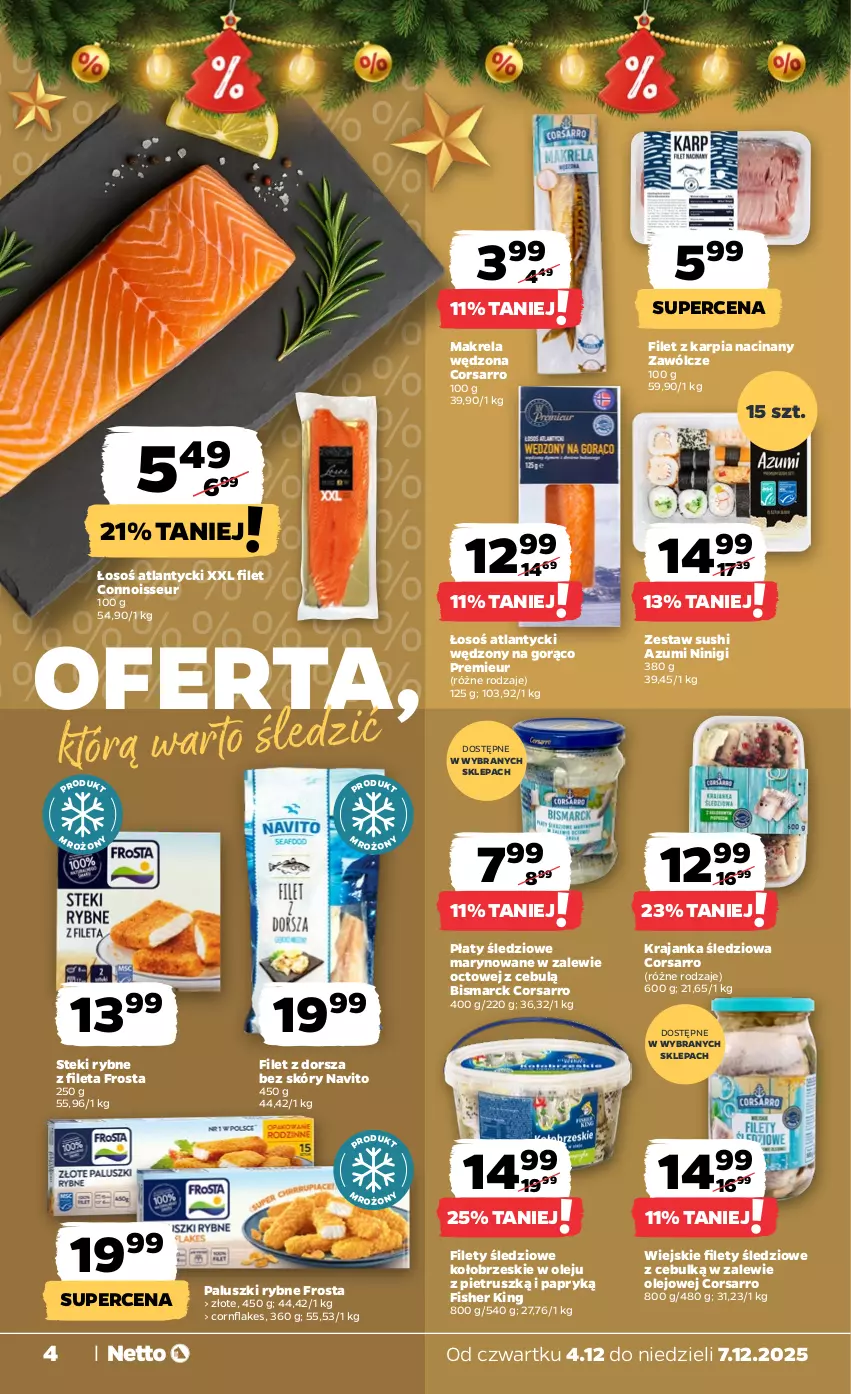 Gazetka promocyjna Netto - Od Czwartku - ważna 04.12 do 07.12.2025 - strona 4 - produkty: Dorsz, Frosta, Karp, Krajanka śledziowa, Olej, Paluszki rybne, Płaty śledziowe, Stek, Sushi
