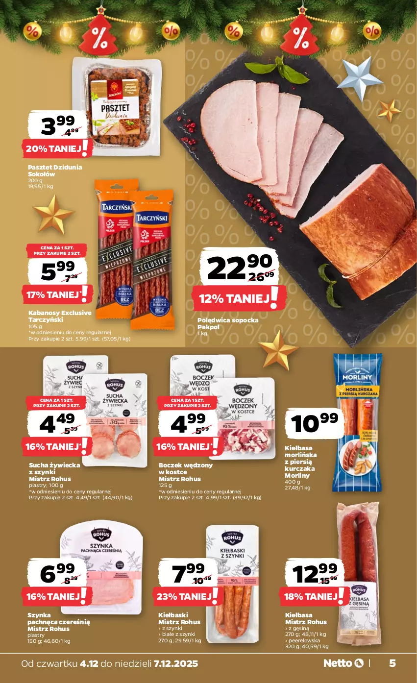 Gazetka promocyjna Netto - Od Czwartku - ważna 04.12 do 07.12.2025 - strona 5 - produkty: Boczek, Kabanos, Kiełbasa, Kurczak, Morliny, Pasztet, Pekpol, Polędwica, Sok, Sokołów, Szynka, Tarczyński