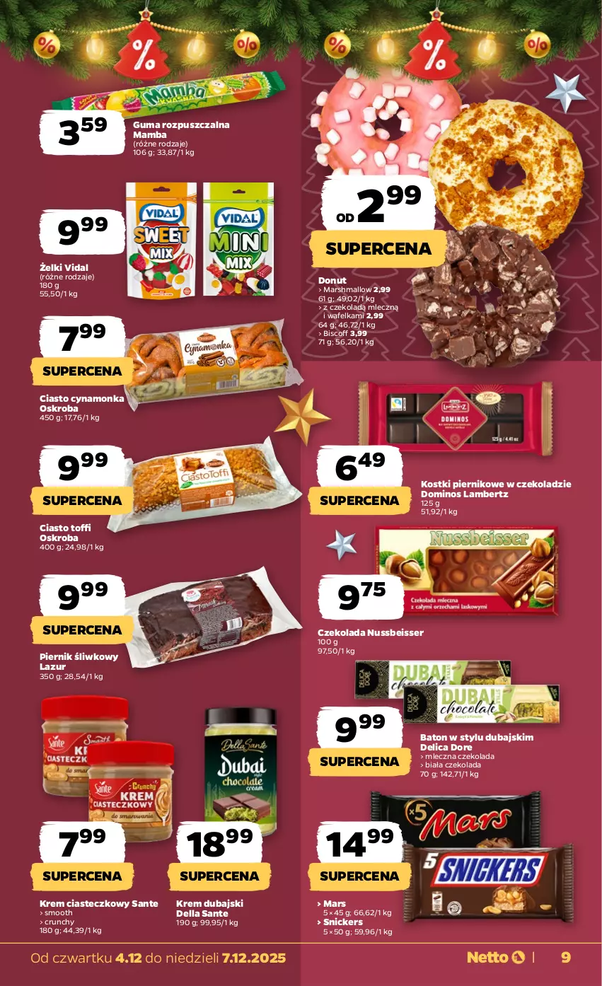 Gazetka promocyjna Netto - Od Czwartku - ważna 04.12 do 07.12.2025 - strona 9 - produkty: Baton, Czekolada, Dell, Donut, Guma rozpuszczalna, Lazur, Mamba, Mars, Piernik, Sante, Ser, Snickers