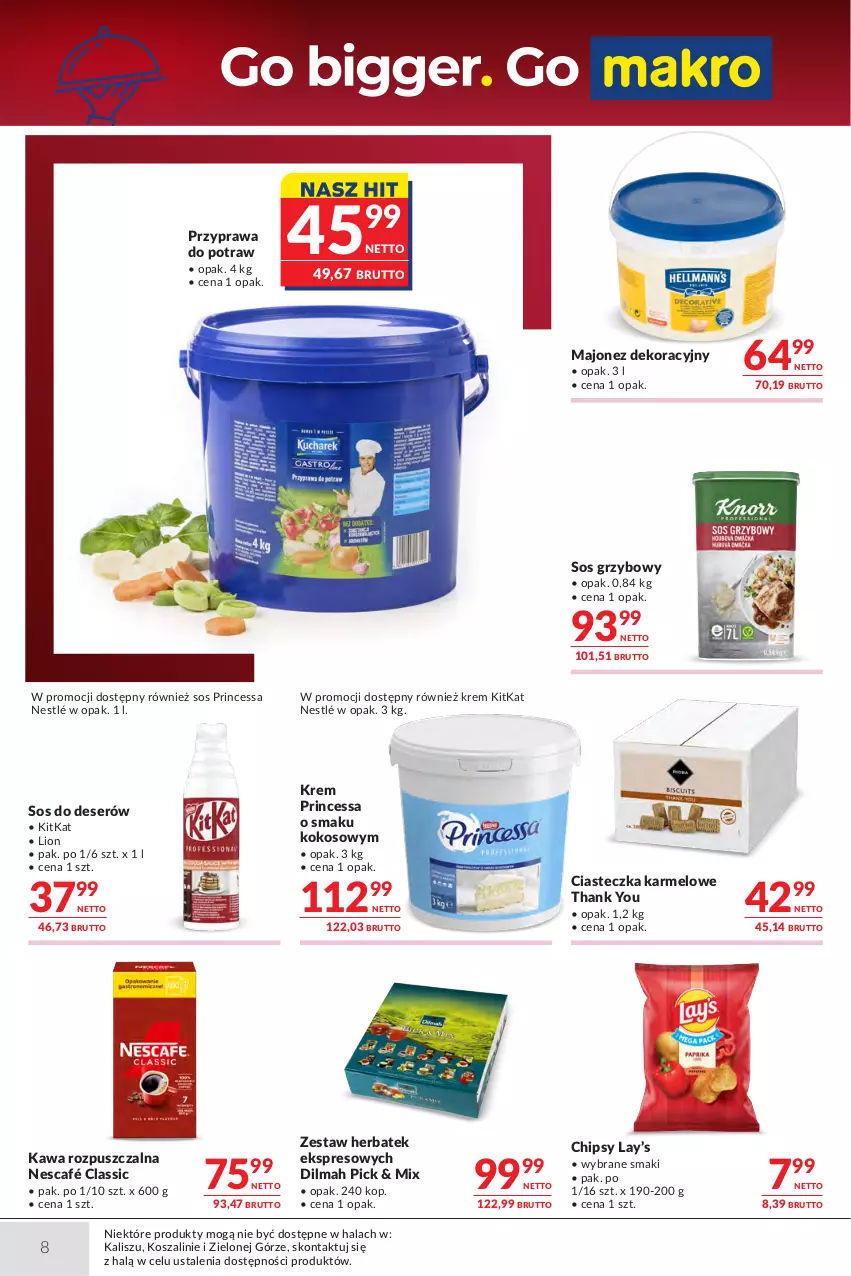 Gazetka promocyjna Makro - Oferta dla Gastronomii - ważna 13.10 do 26.10.2026 - strona 8 - produkty: Chipsy, Deser, Dilmah, Kawa, Kawa rozpuszczalna, Kokos, Kosz, Lay’s, Lion, Majonez, Nescafé, Nestlé, O nas, Princessa, Przyprawa do potraw, Ser, Sos, Sos grzybowy, Szal