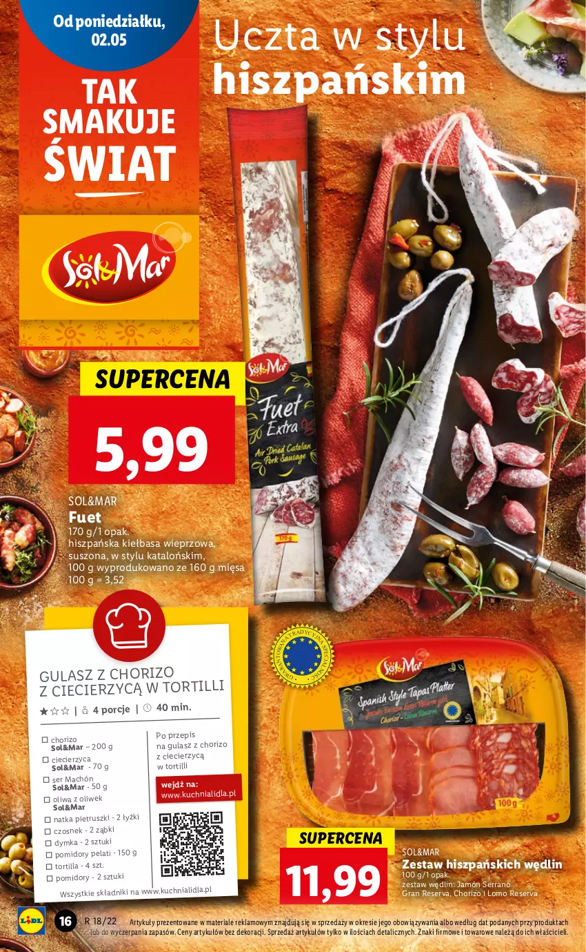 Gazetka promocyjna Lidl - GAZETKA - ważna 02.05 do 05.05.2022 - strona 16 - produkty: Czosnek, Gra, Jamón serrano, Kiełbasa, Kuchnia, Natka pietruszki, Oliwa z oliwek, Pomidory, Por, Ser, Tortilla