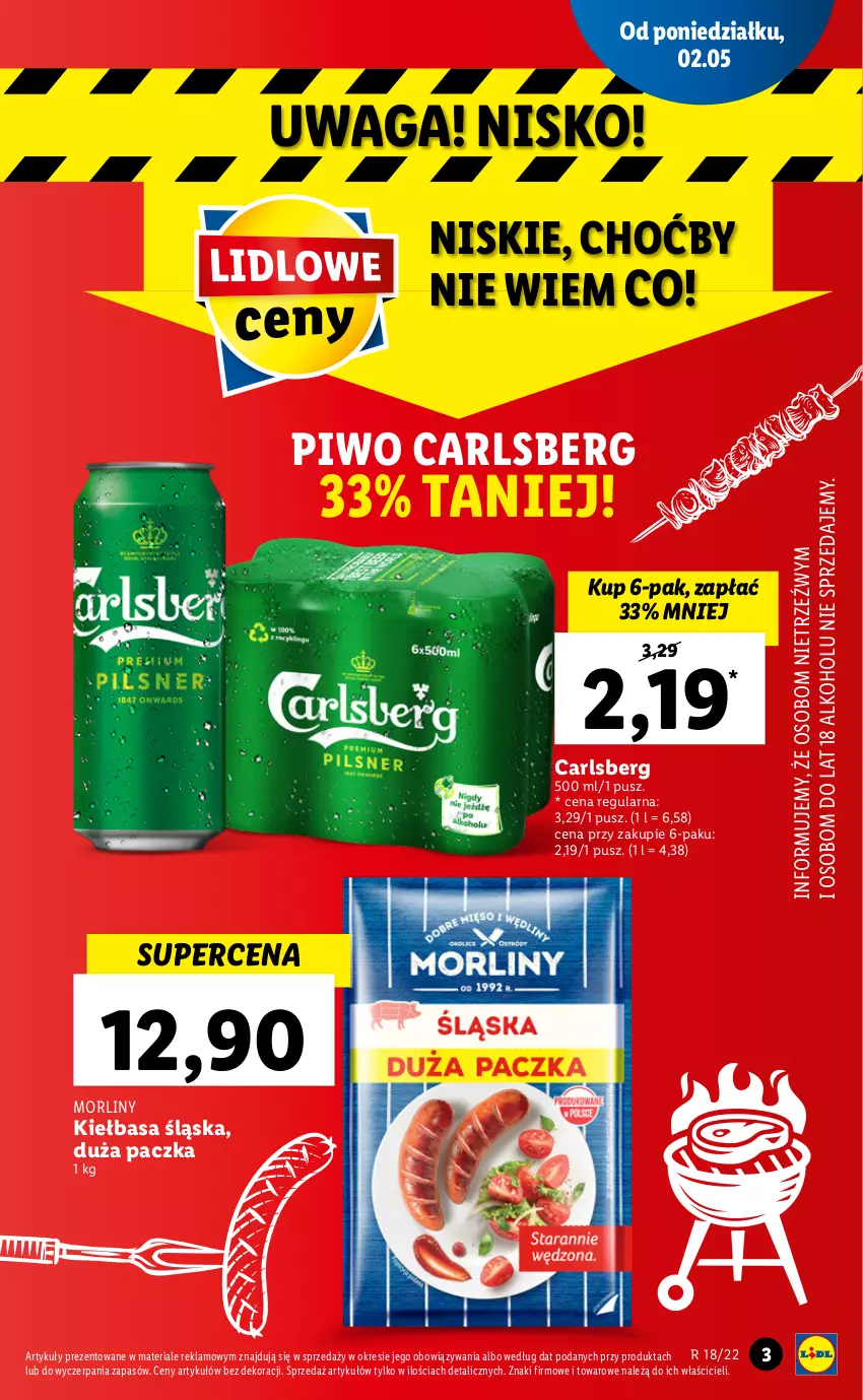 Gazetka promocyjna Lidl - GAZETKA - ważna 02.05 do 05.05.2022 - strona 3 - produkty: Carlsberg, Kiełbasa, Kiełbasa śląska, Morliny, Piwo, Waga