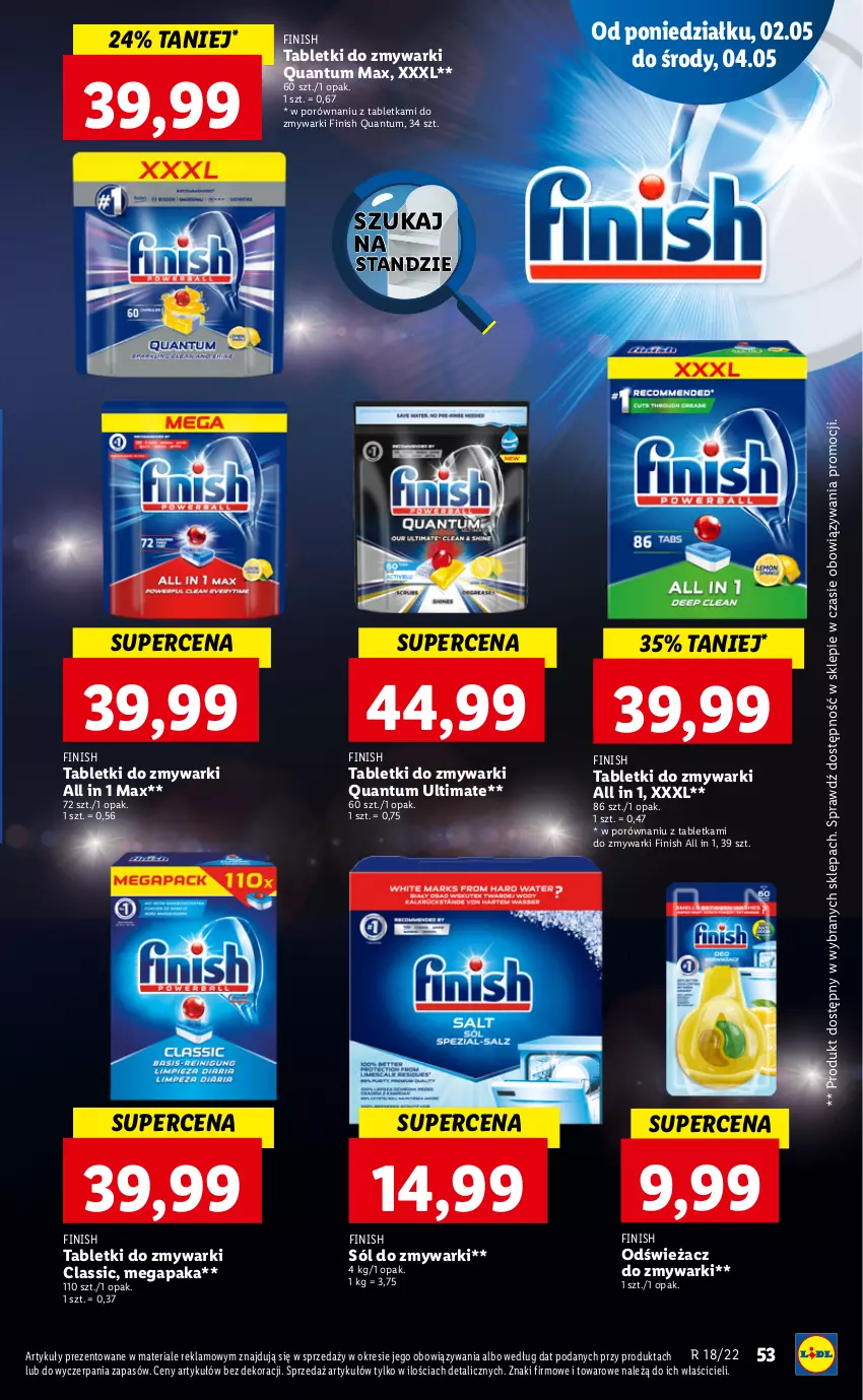 Gazetka promocyjna Lidl - GAZETKA - ważna 02.05 do 05.05.2022 - strona 53 - produkty: Finish, Odświeżacz do zmywarki, Por, Sól, Tablet, Tabletki do zmywarki, Zmywarki