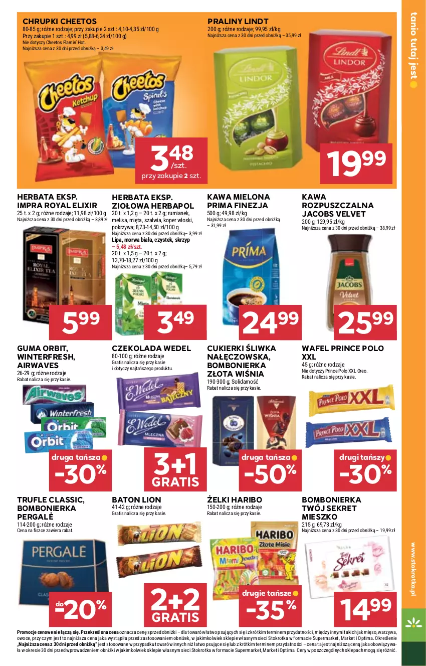 Gazetka promocyjna Stokrotka - Market - ważna 08.10 do 14.10.2026 - strona 17 - produkty: Baton, Cheetos, Chrupki, Cukier, Cukierki, Czekolada, Gra, Haribo, Herbapol, Herbata, Jacobs, Jacobs Velvet, Kawa, Kawa mielona, Kawa rozpuszczalna, Koper włoski, Kret, Lindt, Lion, Mięso, Mięta, Optima, Orbit, Oreo, Owoce, Praliny, Prima, Prince Polo, Rum, Stek, Velvet, Warzywa