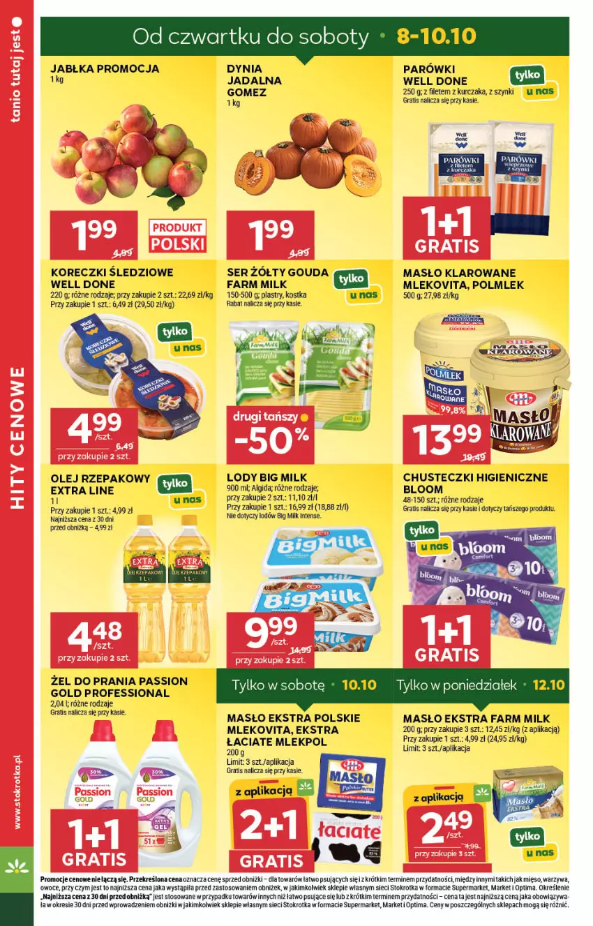 Gazetka promocyjna Stokrotka - Market - ważna 08.10 do 14.10.2026 - strona 2 - produkty: Algida, Big Milk, Chusteczki, Fa, Farm Milk, Gouda, Gra, Jabłka, Koreczki śledziowe, Kurczak, LG, Lody, Masło, Masło klarowane, Mięso, Mleko, Mlekovita, Olej, Olej rzepakowy, Optima, Owoce, Parówki, POLMLEK, Ser, Warzywa